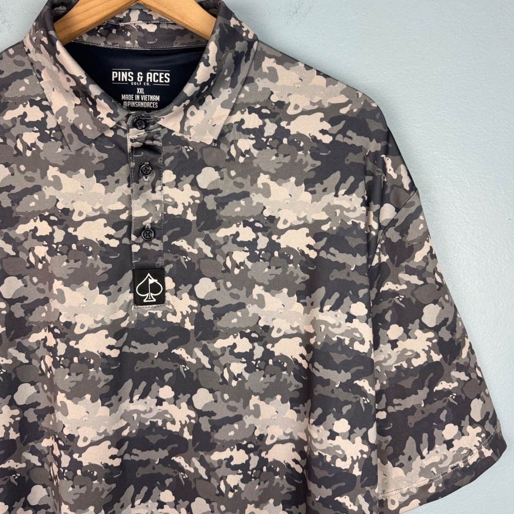 Pins & Aces Golf Polo Shirt Men's 2XL Black Gray Camo Short Sleeve‎ Top Logo